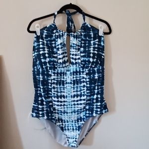 Mynah one piece swimsuit w/ tags. Size 20W. Blue and white tie dye.